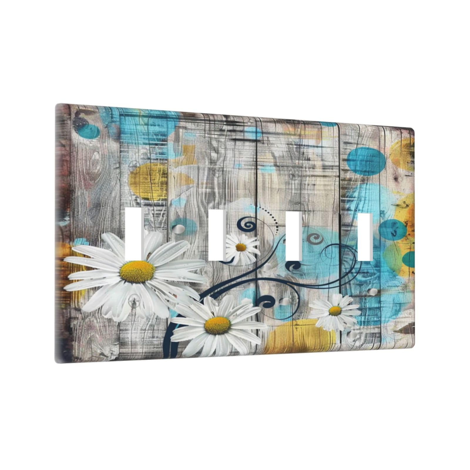 BHGAHD Decorative Switch Plate Cover with White Daisies on a Grey Wooden Board Design 4 Gang Artistic Wall Plate Unique Quad Toggle Light Switch Covers Faceplate for Bedroom Home Decor