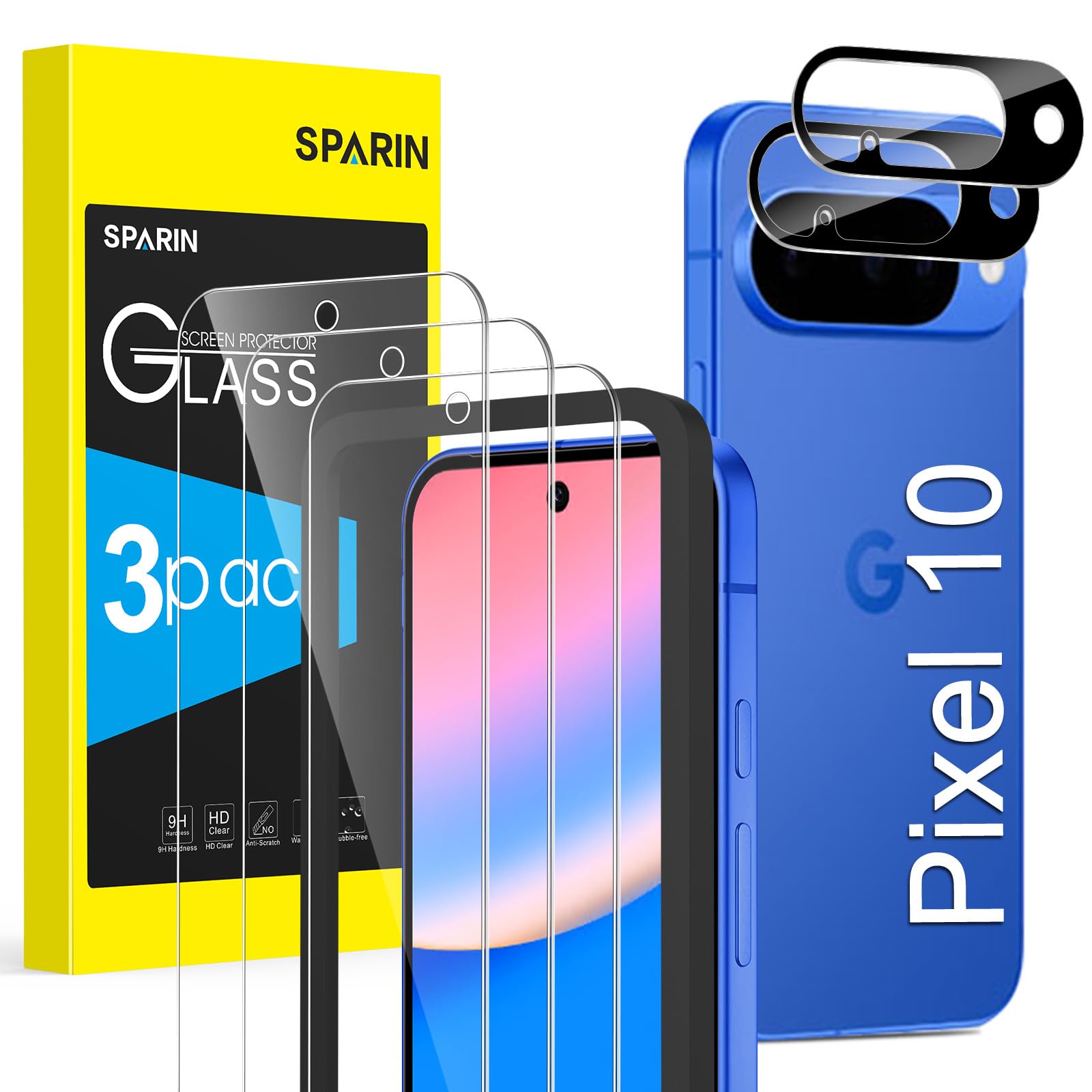 SPARIN 3+2 Stück Panzer Schutz Glas für Google Pixel 10, mit Montagehilfe, 3 Schutzfolie und 2 Kameraschutz, 9H Härte, Kratzfest, HD-Klar