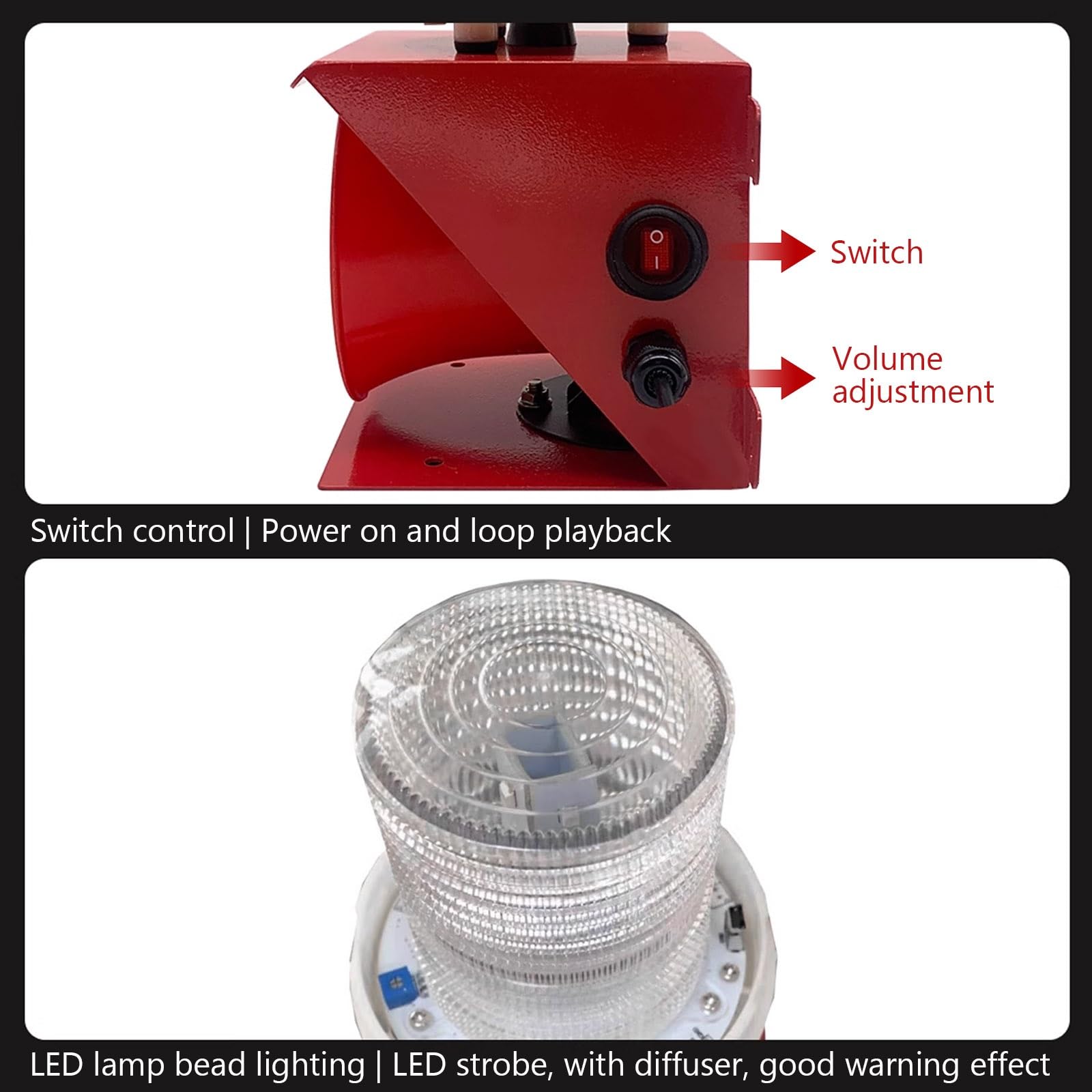 Alarma Industrial con Siren, Luz Estroboscópica de Seguridad LED de Advertencia Siren Policia for Alarma de Emergencia y Seguridad del Hogar, Volumen Ajustable y Cambio de Audio