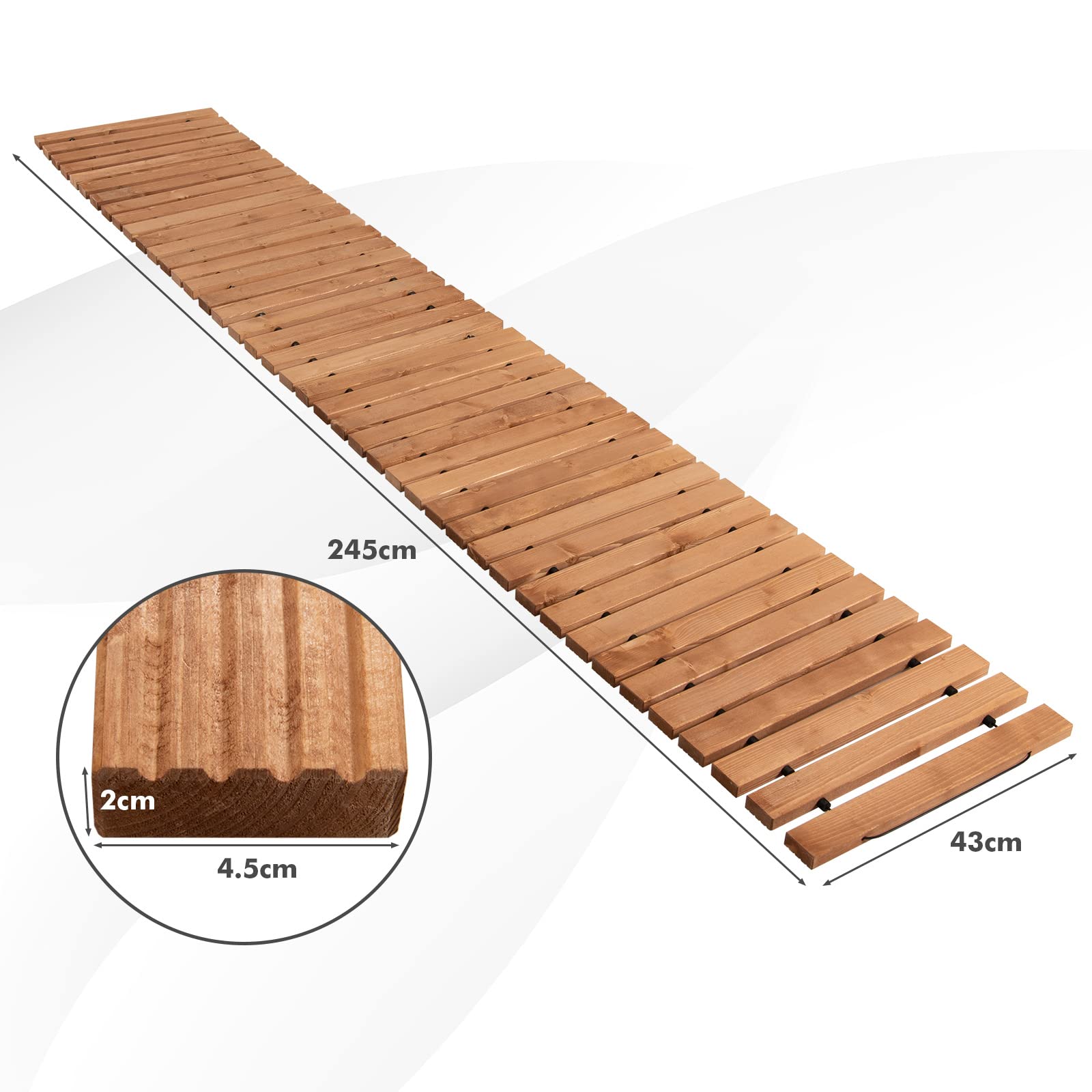 COSTWAY Passerella Arrotolabile per Giardino, Sentiero da Giardino con Filo di Ferro e Consistenza Antiscivolo Resistente alle Intemperie, Percorso in Legno per Cortile e Spiaggia (245 x 43 x 2 cm)
