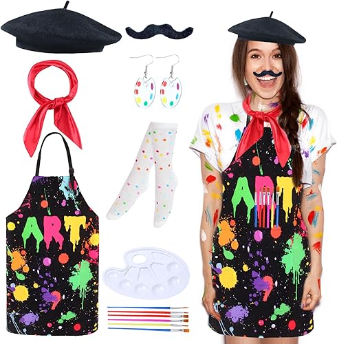Kyson Disfraz de artista para adultos, 8 piezas, pintor, Halloween, vestido con boina, delantal, paleta, pinceles, aretes, bandana y barba