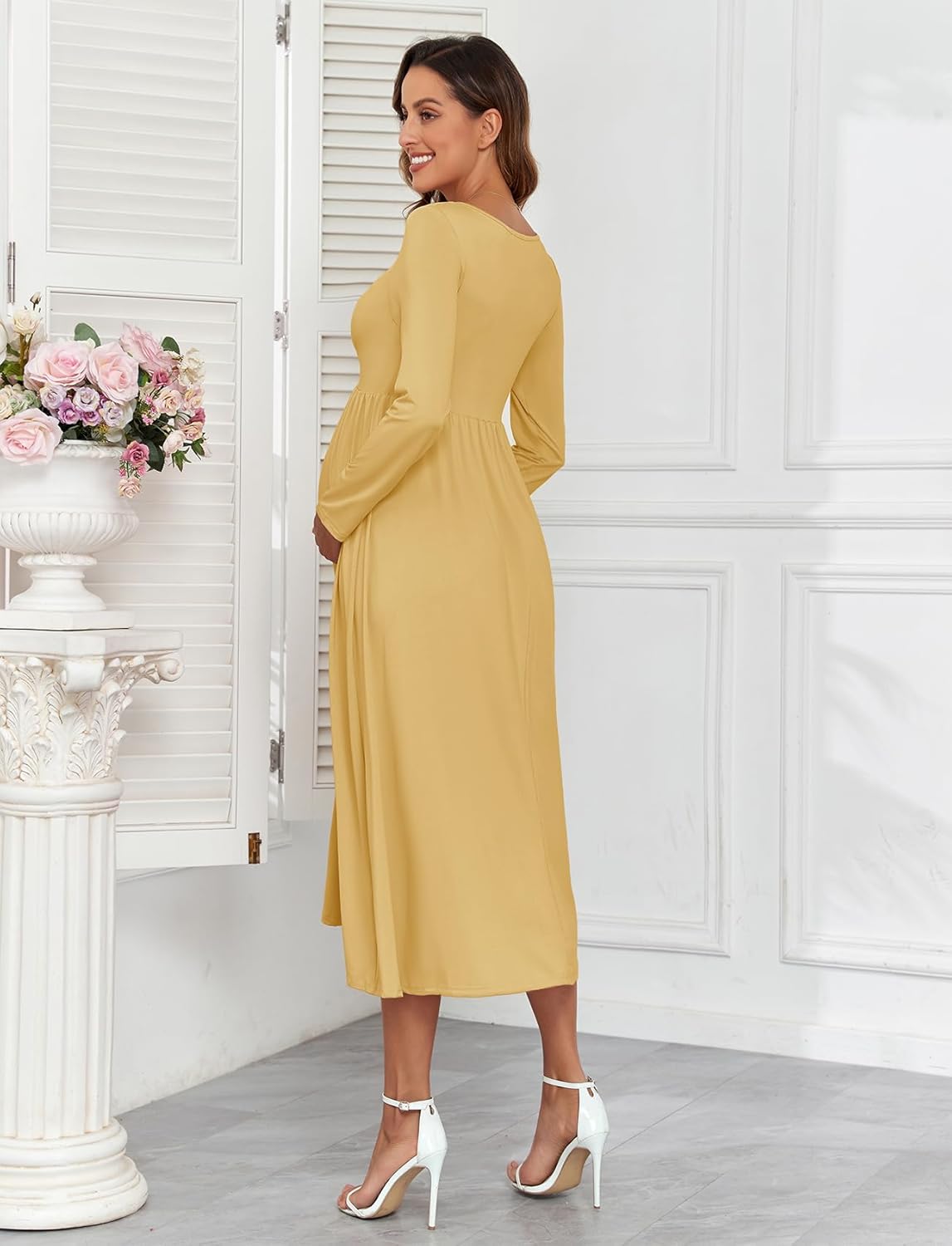 Maternity Tie Front Dress A Line Long Sleeve V Neck Flowy Pregnancy Maxi Dresses for Baby Shower Casual 2025 Fall - Image 3