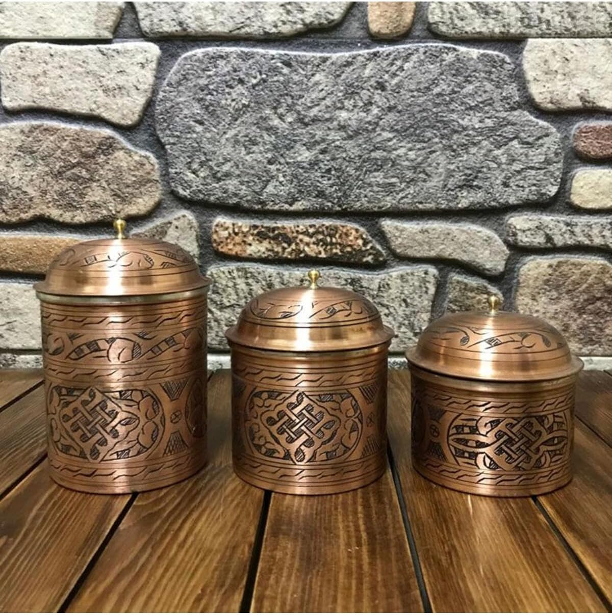 Embroidered Copper Spice Set 3 Piece, Traditional Turkish Design, Decorative Kitchen Storage for Spices, Herbs, and Seasonings - Multicolor, One Size