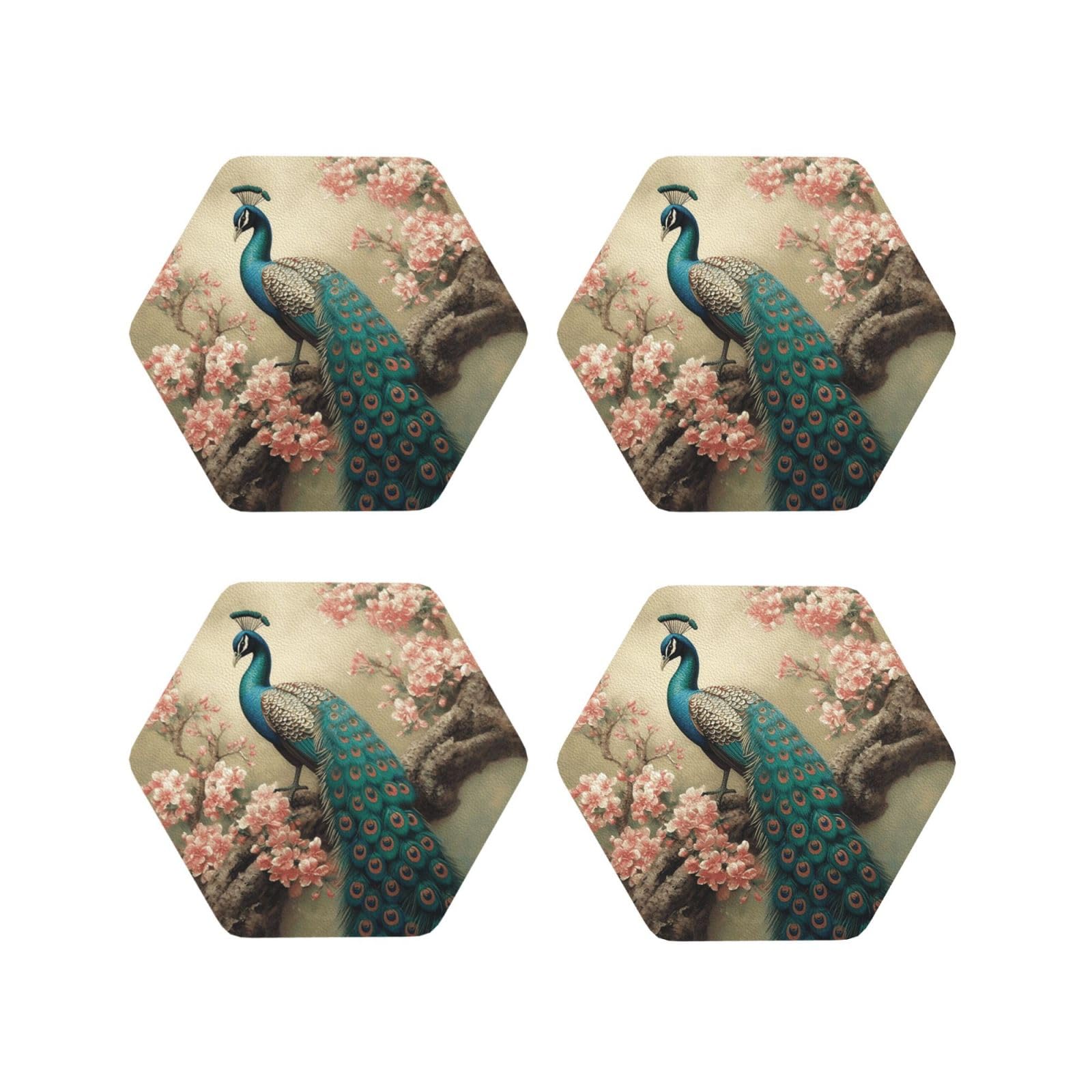 4pcs Drink Coasters for Tabletop Protection, 4" Leather Coasters for Drinks, Oriental Peacock Cup Coasters for Coffee Table Decor, Non-Slip Drinking Cup Mat for Hot Or Cold Drink