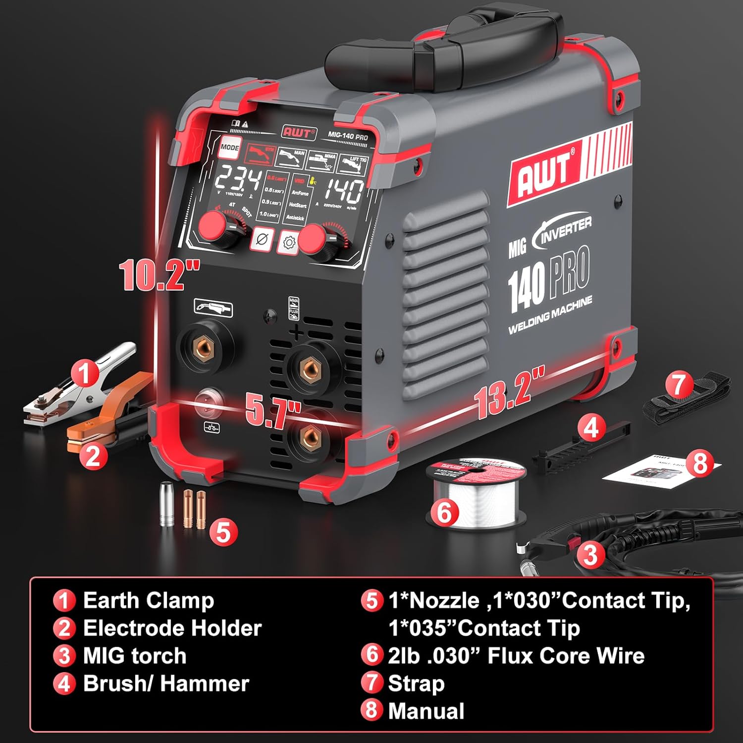 AWT LED Digital Display 140Amp MIG Welder Flux Core MIG Welder/Stick/Lift TIG 3 in 1 Welding Machine,Welder Machine 110V With Synergy IGBT Inverter, Portable Gasless Welder Equipment