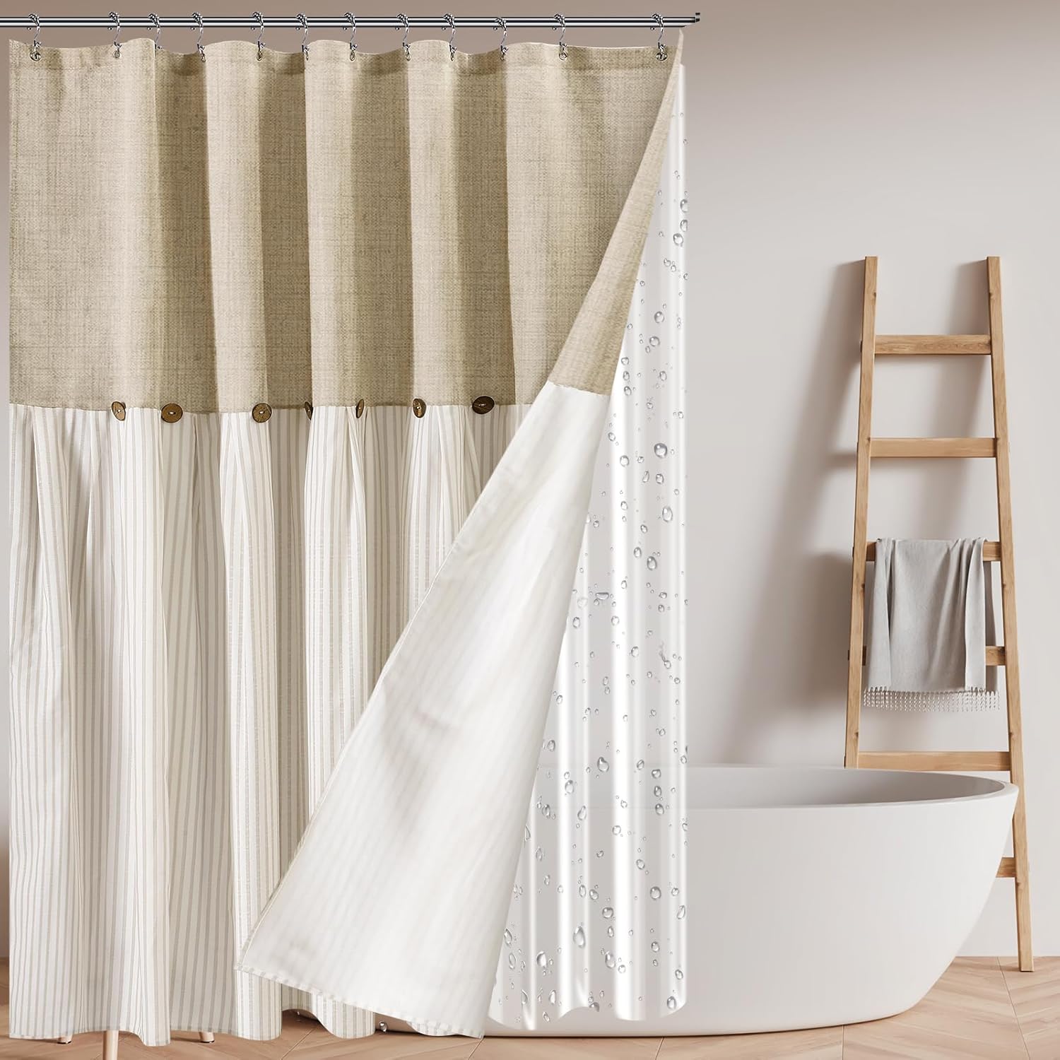 3 in 1 Farmhouse Boho Button Shower Curtain and Clear Curtain Liner Set with 12 Double Rings Linen and Cotton Woven Fabric Rustic Decor for Bathroom, 70''x70''(Brown)