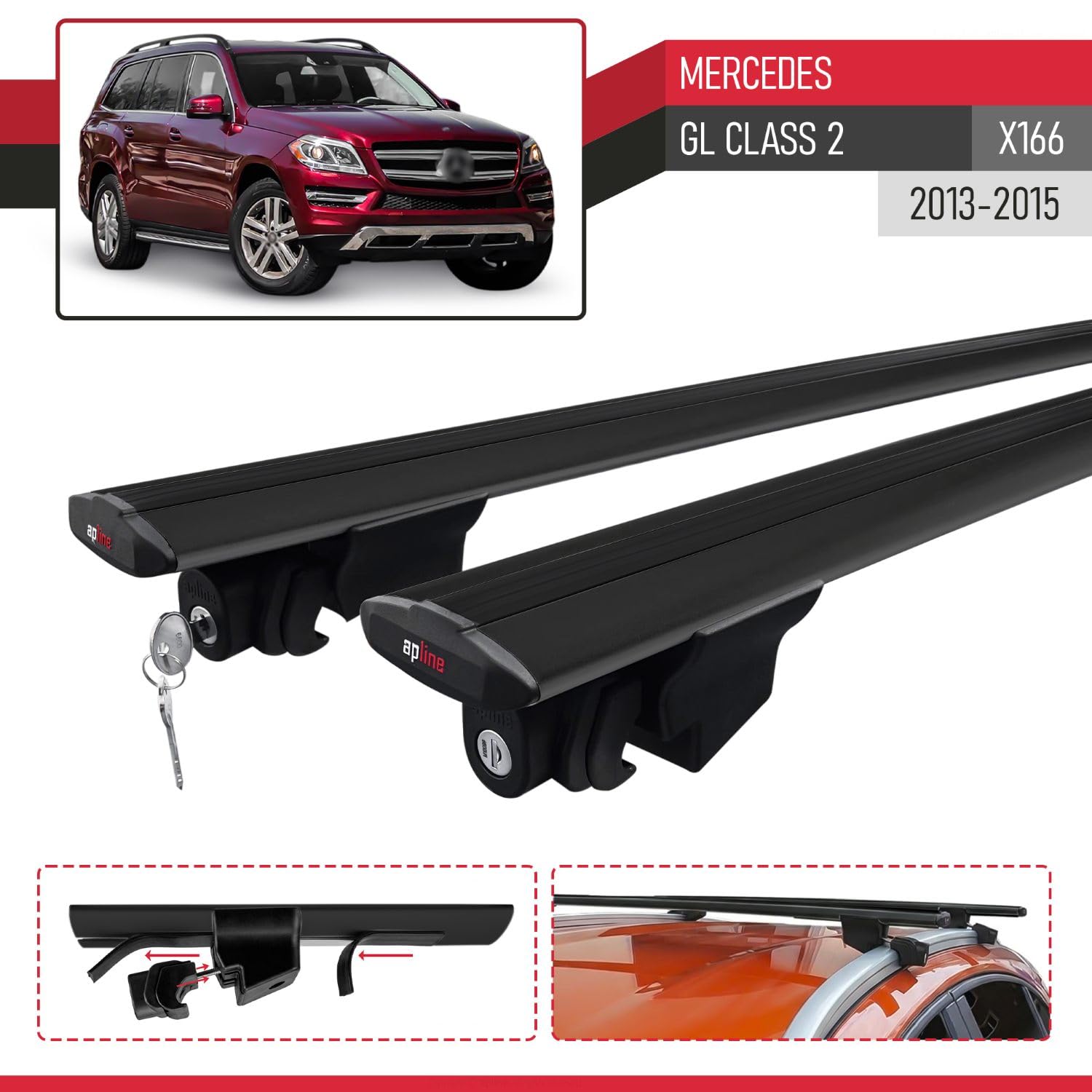 Kompatybilny z Mercedes GL Class 2 (X166) Pre-Facelift 2013-2015 HOOK Model Aluminiowe poprzeczki dachowe Czarny 2 szt.