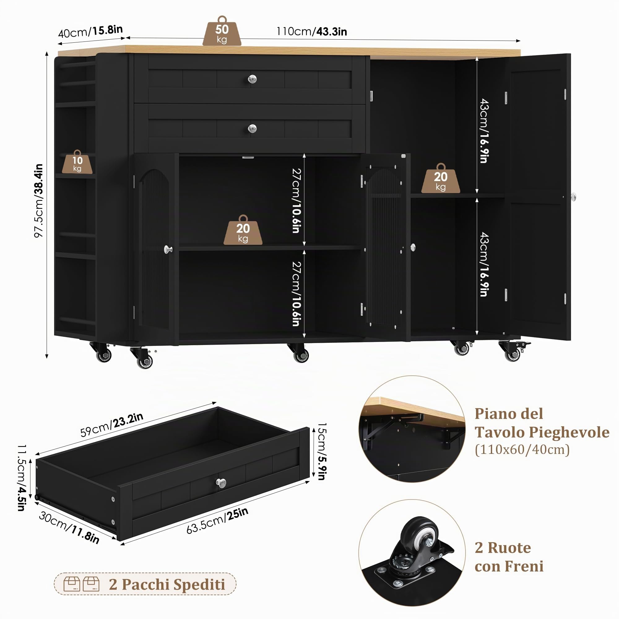 FirFurd Isola Cucina con Piano di Lavoro Pieghevole 132x40x97,5 cm Nero