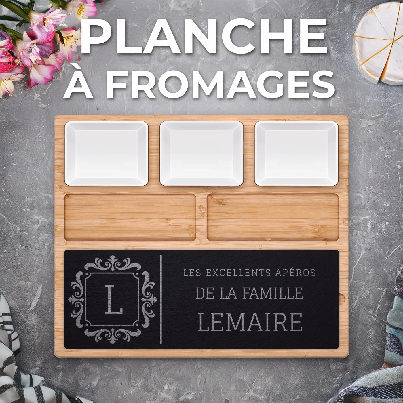Maverton Planche à Fromage Personnalisée Cadeau Couple - Plateau de charcuterie avec Accessoires - Plateau Apero Gravé pour Parents - Cadeau Personnalisé pour mariés pour mariage/Noël/noces - apéro