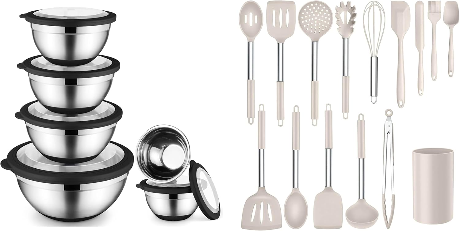 Onader Mixing Bowl with Lid Set of 6, Stainless Steel Nesting Bowl with Non-Slip Bottom Black - Size 1, 1.5, 2, 2.6, 3.5, 7QT, and Silicone Cooking Utensils Set of 15, Kitchen Utensils Set with Holder