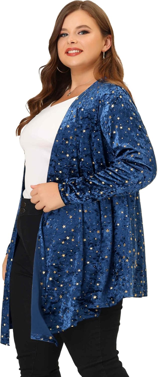 Agnes Orinda Women's Plus Size Cardigans Open Front Draped Shiny Party Velvet Cardigan - Image 3