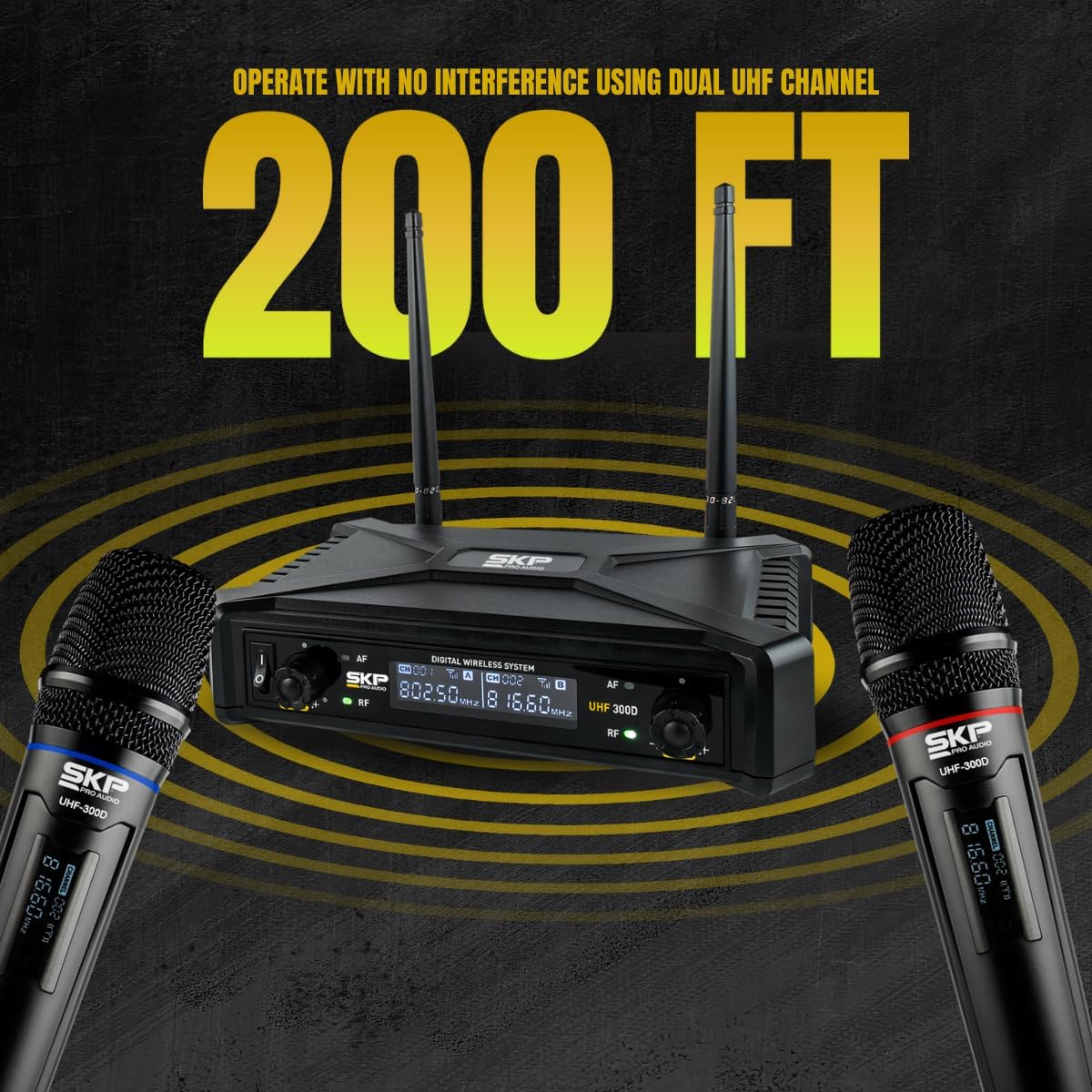UHF-300D Wireless Microphone System – Dual Handheld Cordless Mics with AA Batteries, 200ft Range, LCD Display, for Singing, Karaoke, Church, DJs, Stage Events - Dynamic mic