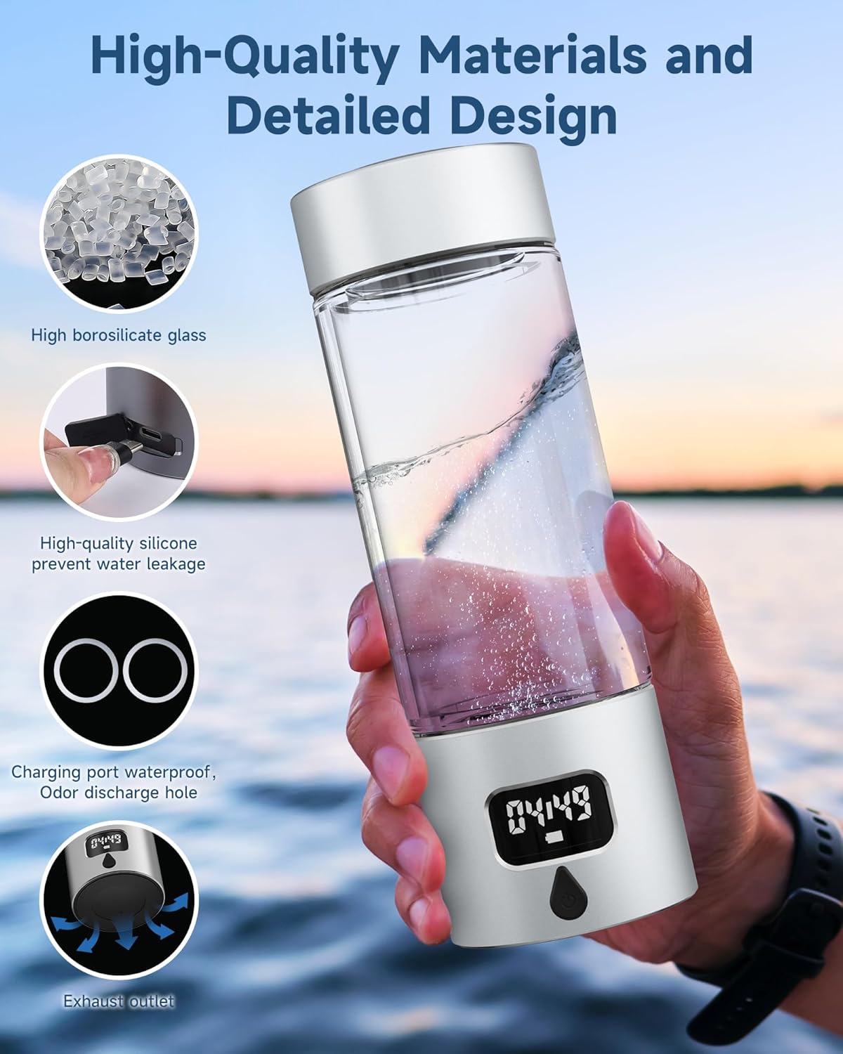 Hydrogen Water Bottle - Portable, Rechargeable, LED Timer, Aluminum and Glass, 5000 PPB Hydrogen in 10 Minutes, 340ml Capacity, for Husband, Friend & Family, for Travel, Sports, Home, Office(Silver)