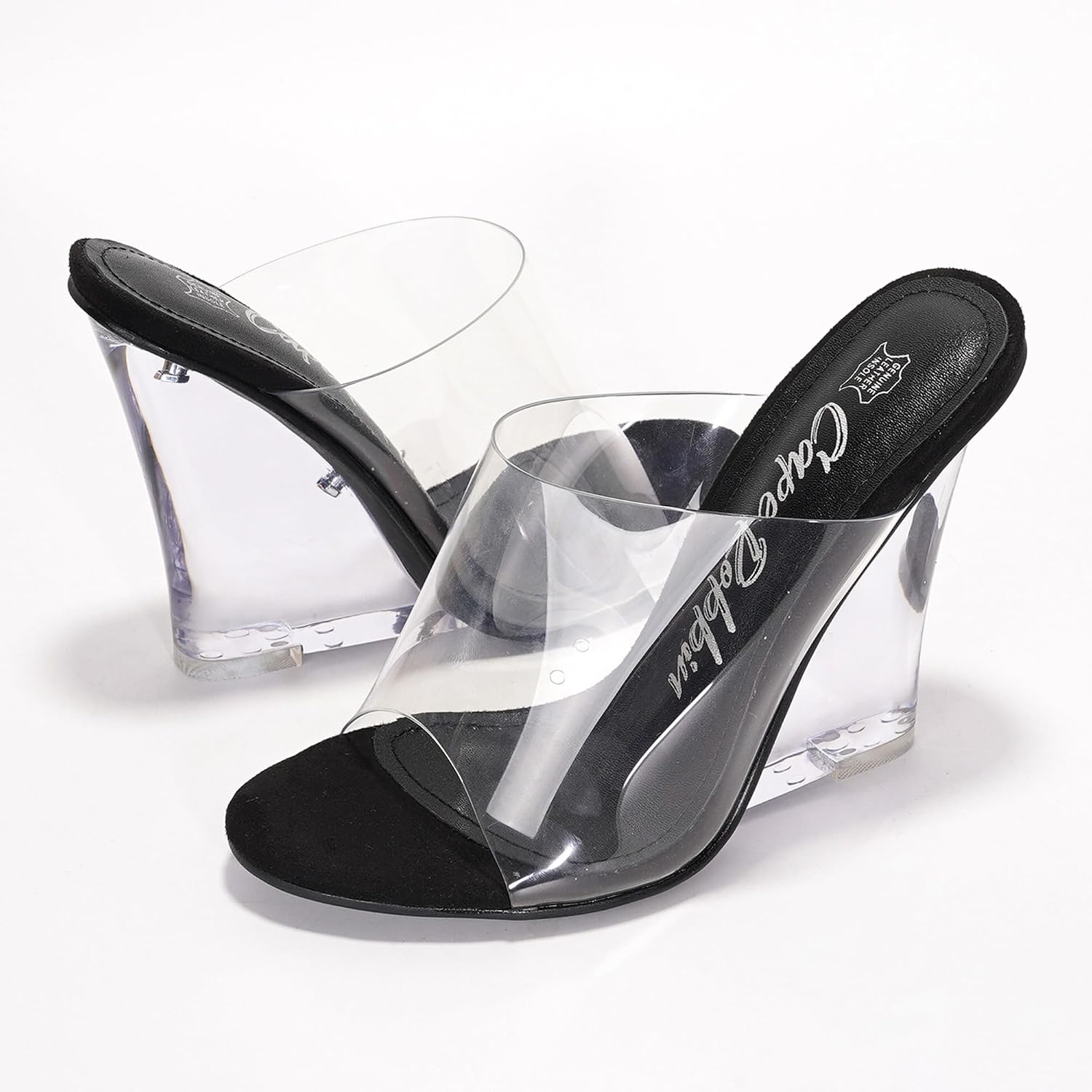 Women's Clear Wedge Heels - 4 Inch Open Toe Chunky Heels with Transparent Upper & Genuine Leather Sole | Slip-On Comfortable Dress Shoes | Fashion Platform Sandals (Lemonade.A)