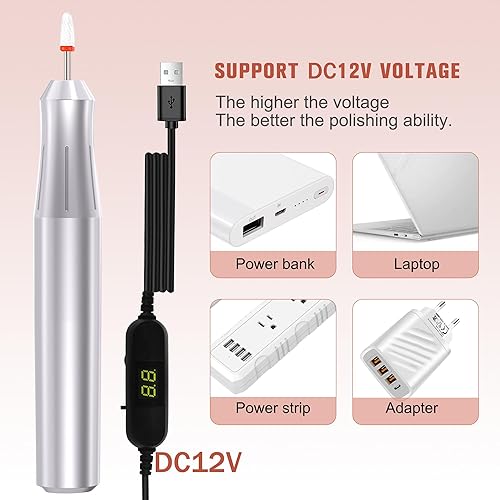 Miniatura 2 de Uñas eléctricas portátiles con cabezal de pulido de cerámica, pantalla de visualización de archivo de uñas DC12V USB de potencia fuerte Efile para