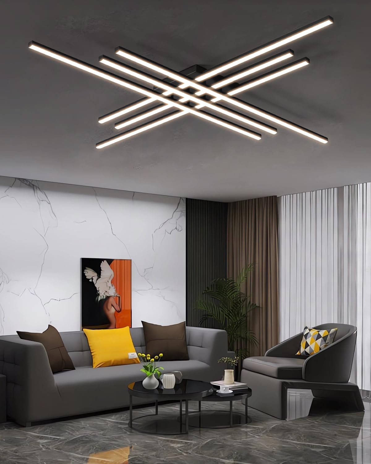 Nowoczesna geometryczna lampa sufitowa LED z pilotem - 6-głowicowy ściemnialny żyrandol do salonu, sypialni i biura, regulowana temperatura barwowa 3000K-6000K (Czarny, M)