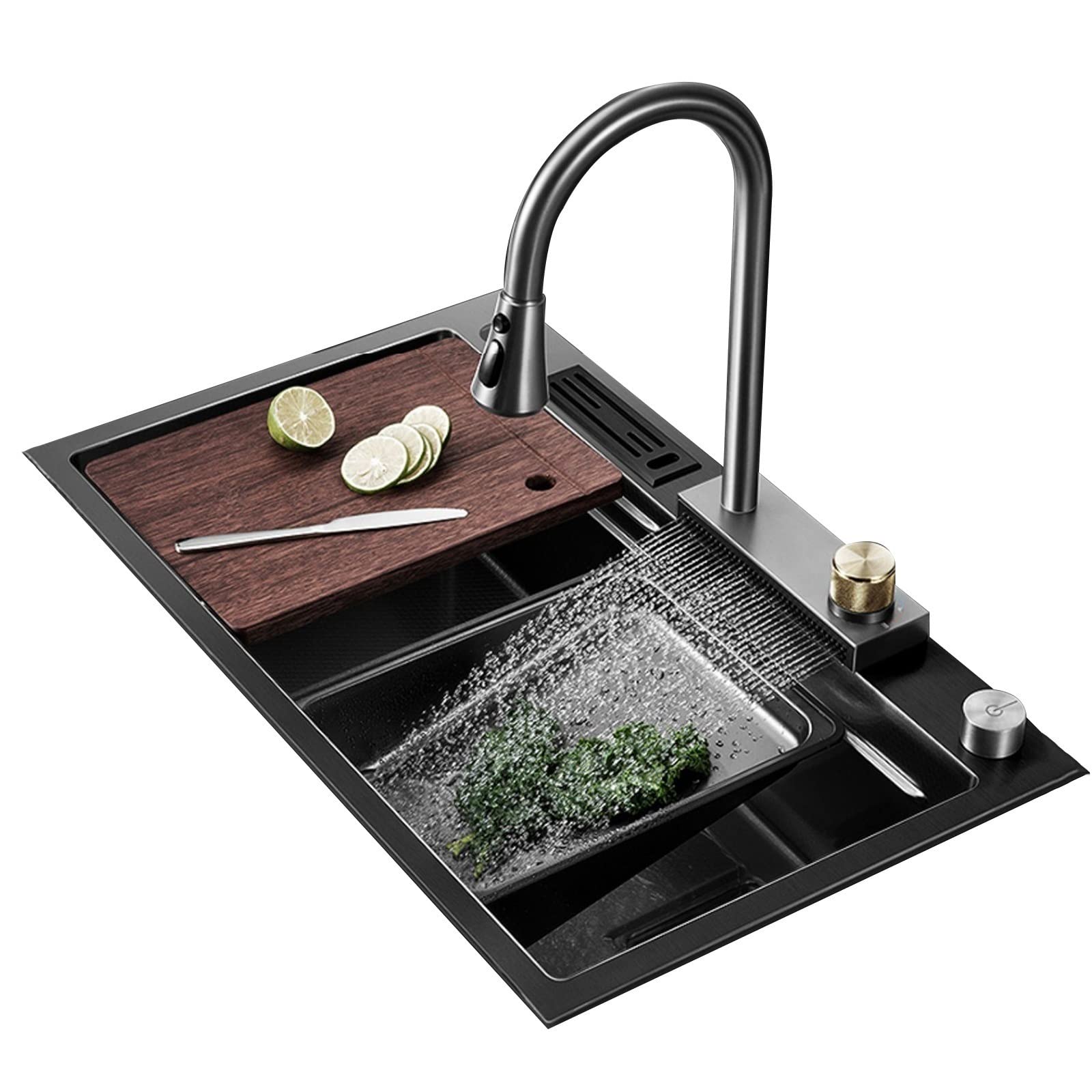 HYANXUE Nano-Unterbauspüle Aus Edelstahl 76x50x22 Cm – Mit Wasserfall-Armatur, Abtropfkorb & Zubehör