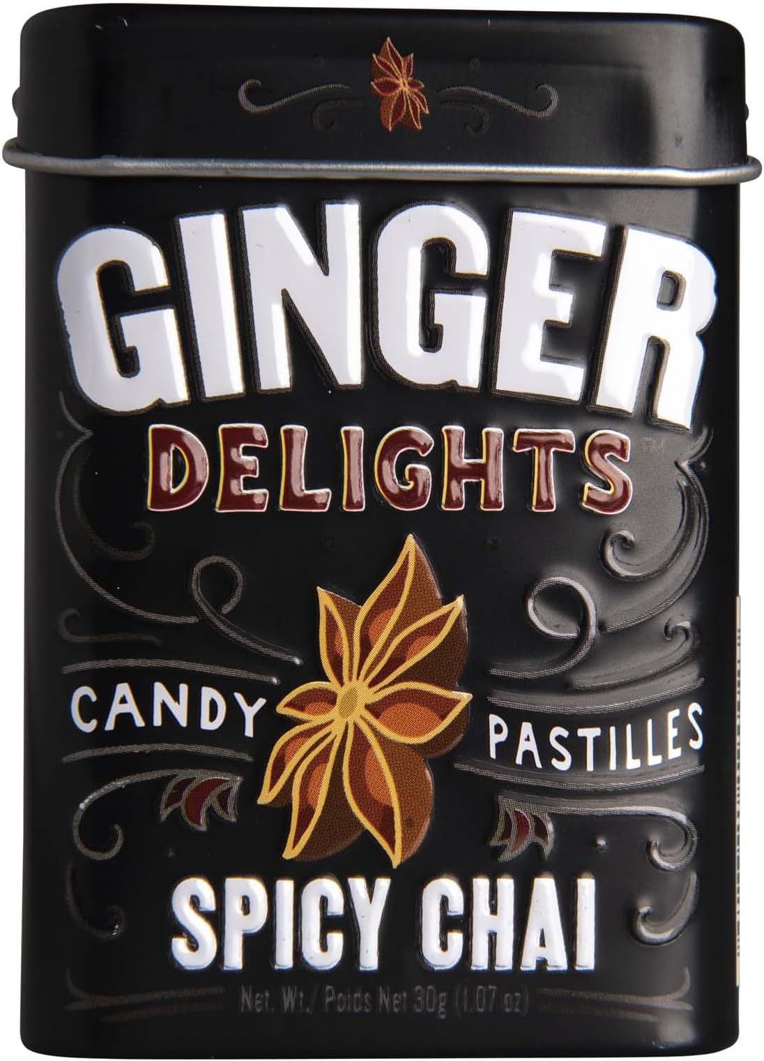 Ginger Delights Spicy Chai Candy | Genuine Ground Ginger Root, Natural Flavors | Kosher Certified, Vegan, Gluten Free | Aspartame & Xylitol Free | 30 Count Tin (Pack of 12)
