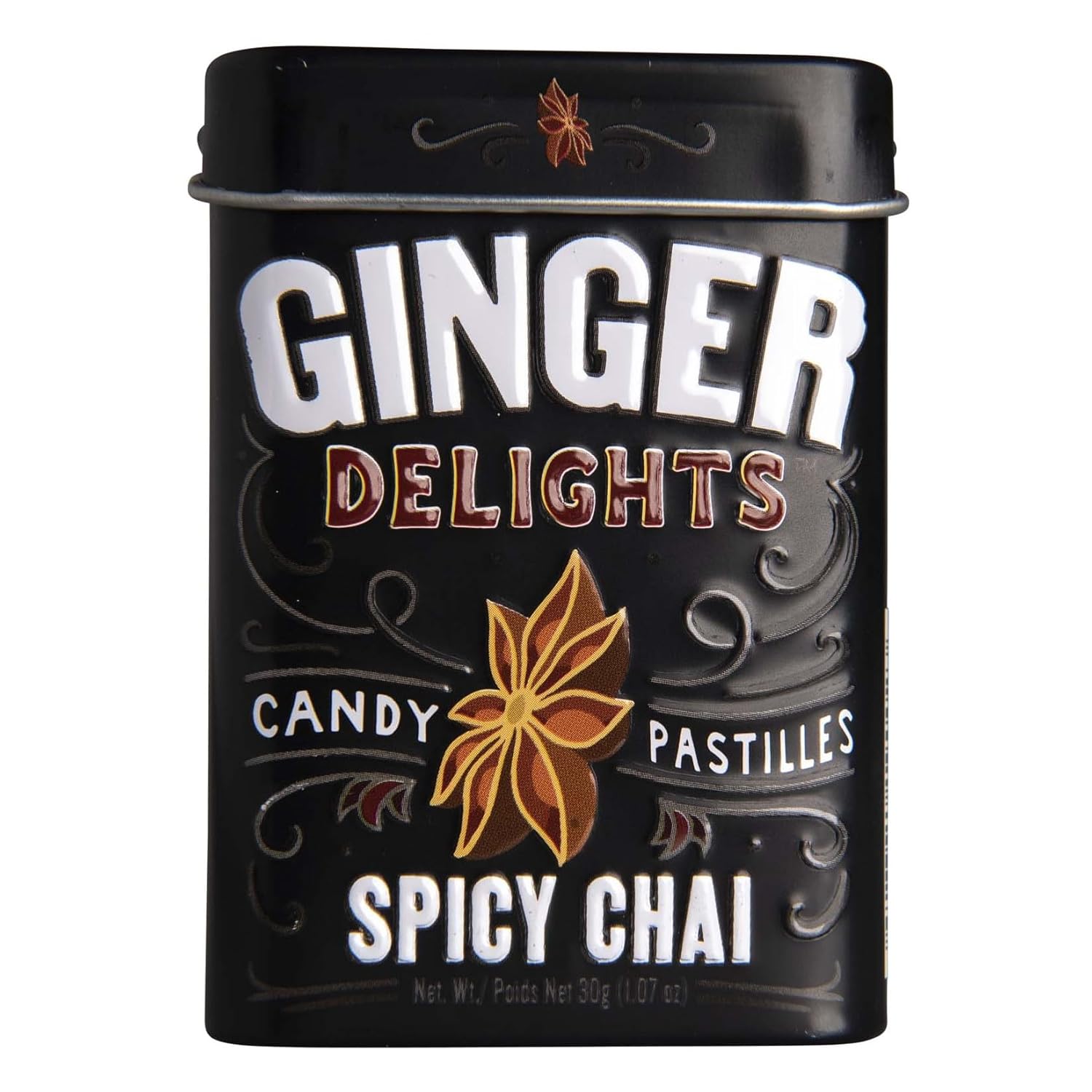 Ginger Delights Spicy Chai Candy | Genuine Ground Ginger Root, Natural Flavors | Kosher Certified, Vegan, Gluten Free | Aspartame & Xylitol Free | 30 Count Tin (Pack of 12)