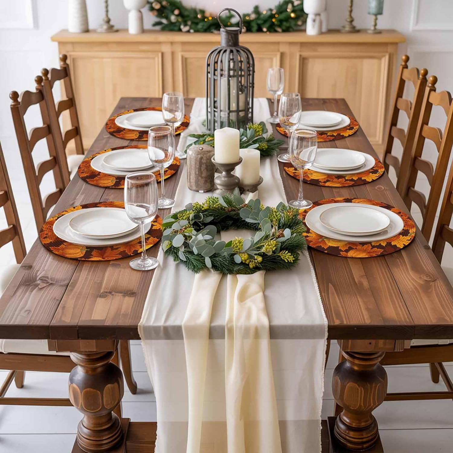 Fall Round Placemats Set of 4 Thanksgiving Orange Harvest Pumpkin Place Mats Washable Woven Placemat Autumn Maple Leaf Circle Braided Table Mat for Kitchen Dining Holiday Party Fall Decor 15 Inch