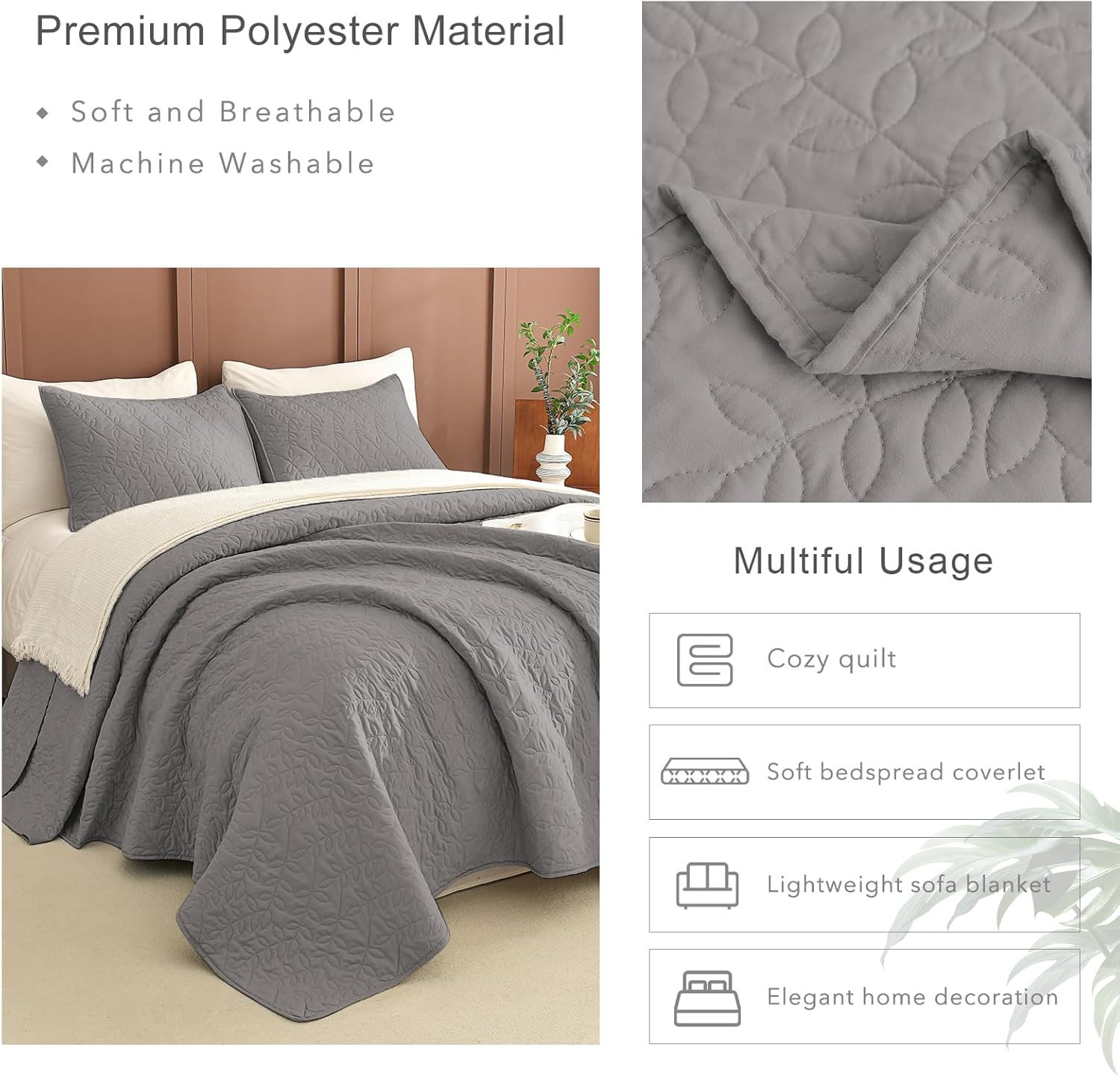 Masaca Oversized King Bedspread 128"x120",Grey Leaf Pattern King Quilt Bedding Set Oversized,3 Pieces Soft Lightweight Gray Extra Large Farmhouse Bedspread & Coverlet Sets