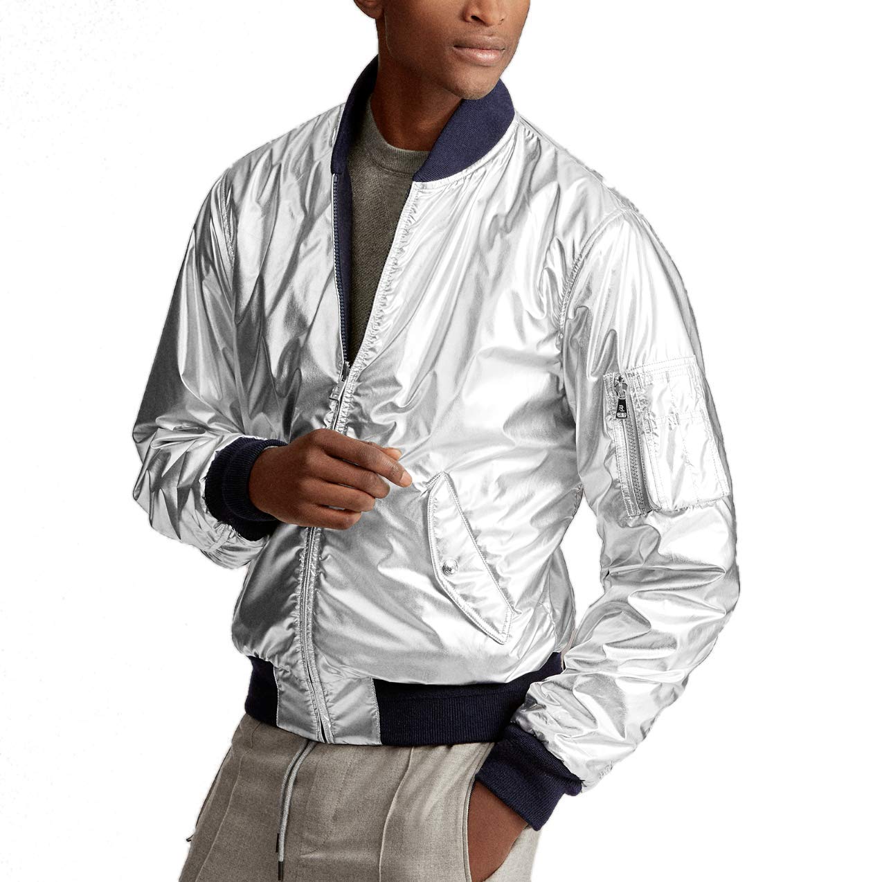 Polo $2495 Purple Label Men Reversible Silver Italy Bomber Jacket XL