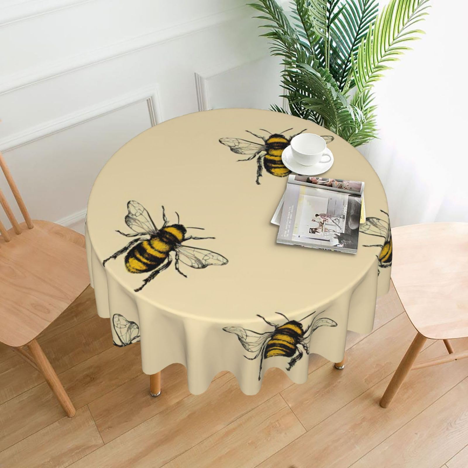 Zcmkjlg Honey Bee Print Quick Ship Round Tablecloth 60in Polyester Washable Cover for Dining Room
