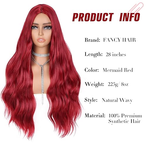 Miniatura 2 de Fancy Hair Peluca ondulada roja de 28 pulgadas, peluca sintética rizada natural para mujer, peluca larga de sirena roja con raya en medio para