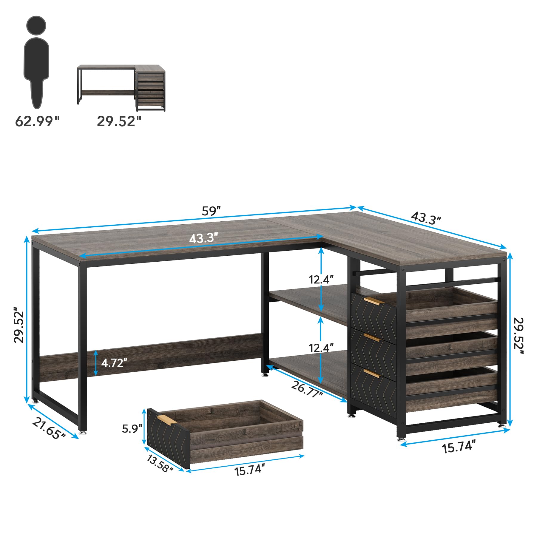 Tribesigns Bureau D'angle Réversible En Forme De L Avec 4 Tiroirs Et 2 Etageres Pour Bureau Salon 155 X 110 X 75 Cm Noyer Et Blanc 94125457