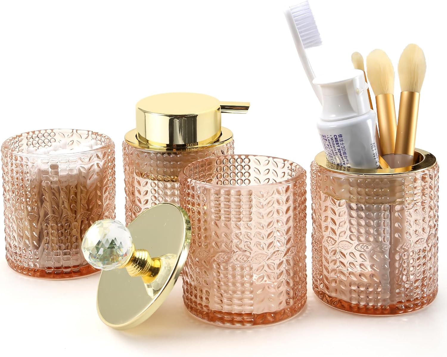 DASITON Bathroom Accessories Set,4Pcs Glass Bathroom Counter Set with Foaming Soap Dispenser,Toothbrush Holder,Bathroom Tumbler,Cotton Swab Jars, for Vanity Bathroom Decor (Clear) D1102