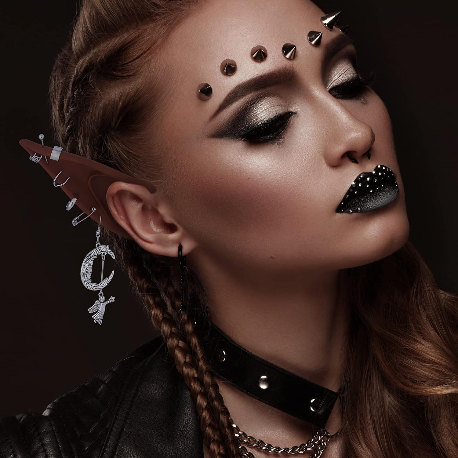 FRESHME Renaissance Elf Ears with Piercings - 2 Pairs Brown Fairy Pixie Soft Ears with Non Pierced Moon Cuff Cartilage Ear Clip Set for Women Christmas Halloween Renaissance Costume Accessories