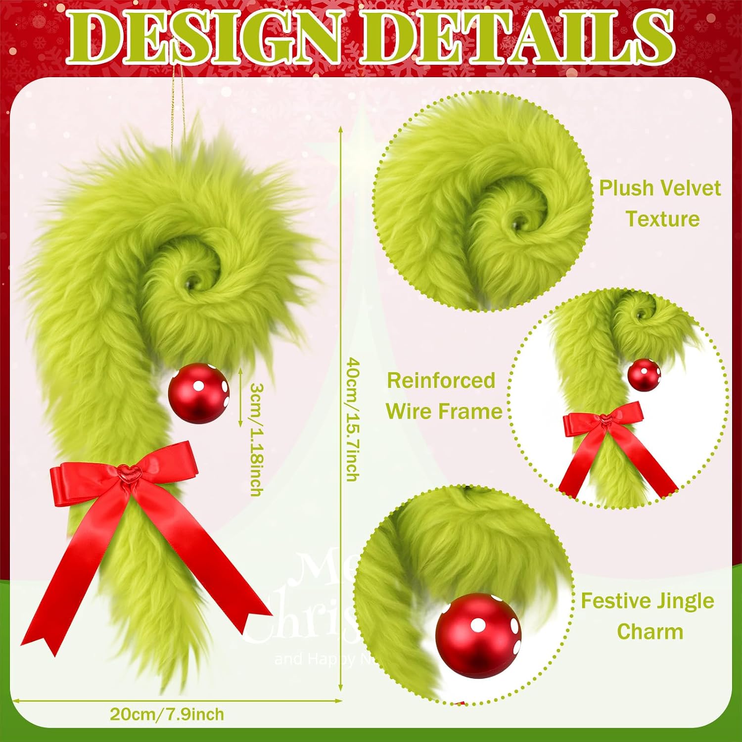 Weysat Christmas Candy Cane Wreath Hangers for Front Door Lime Green Furry Hanging Decor Christmas Door Sign Bow Decorations Holiday Ball Ornaments for Xmas Tree Indoor Wall Window Garland Decoration