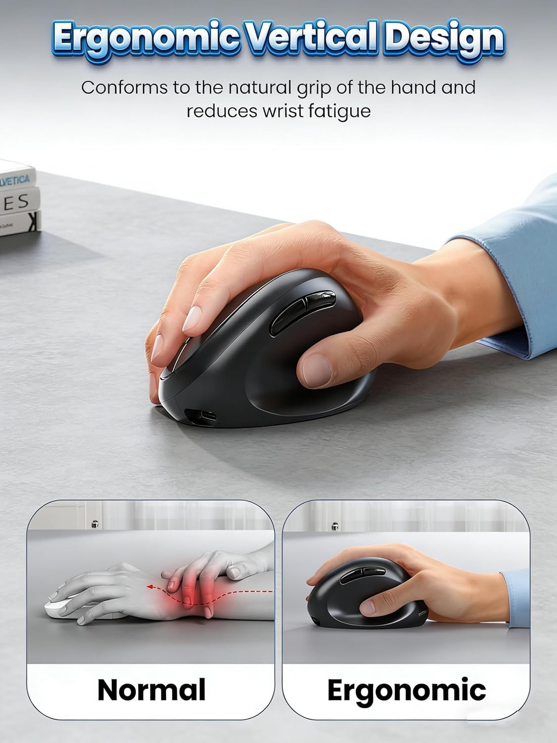 Ergonomic Mouse, Bluetooth Wireless Vertical Mouse, Rechargeable Battery, Quiet Clicks, DPI Adjustable, BT5.0/3.0 & 2.4G Connect, Easy to use, Wide Compatibility (Black)