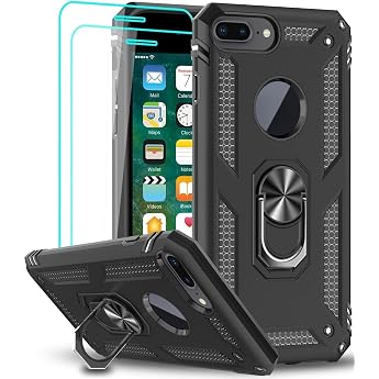 LeYi Case for iPhone 8 Plus/7 Plus/iPhone 6s Plus/6 Plus Mobile Phone Case and 2 x Tempered Glass Screen Protector 360 Degree Ring Holder Cover Shockproof TPU Bumper Protective Case Mobile Phone