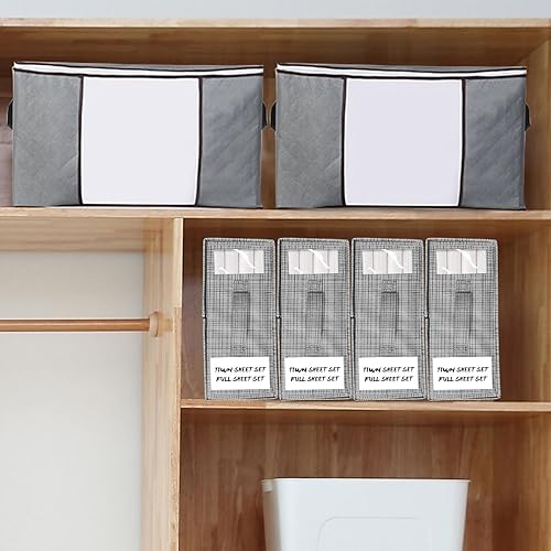 Miniatura 6 de 6Pcs Bed Sheet Organizers and Storage Set, 4-pack Cube Storage, Foldable Sheet Set Organizer with 2-pack Clothes Storage, Linen Closet Organizer for