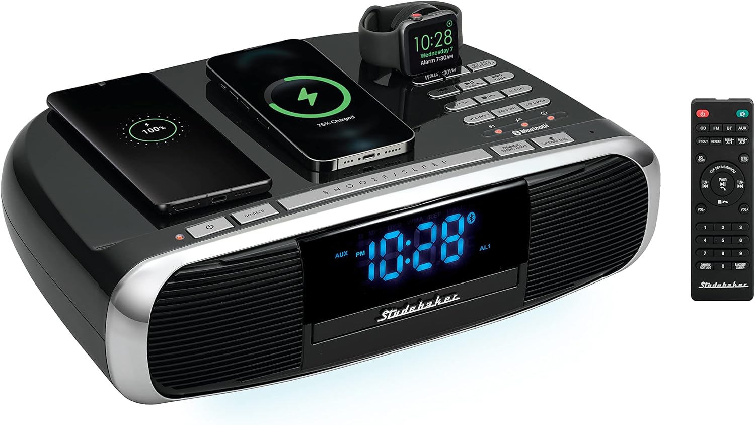 Studebaker Workstaton HiFi Music System with Bluetooth, FM Radio, CD, and Qi Wireless Charging Station (Black)