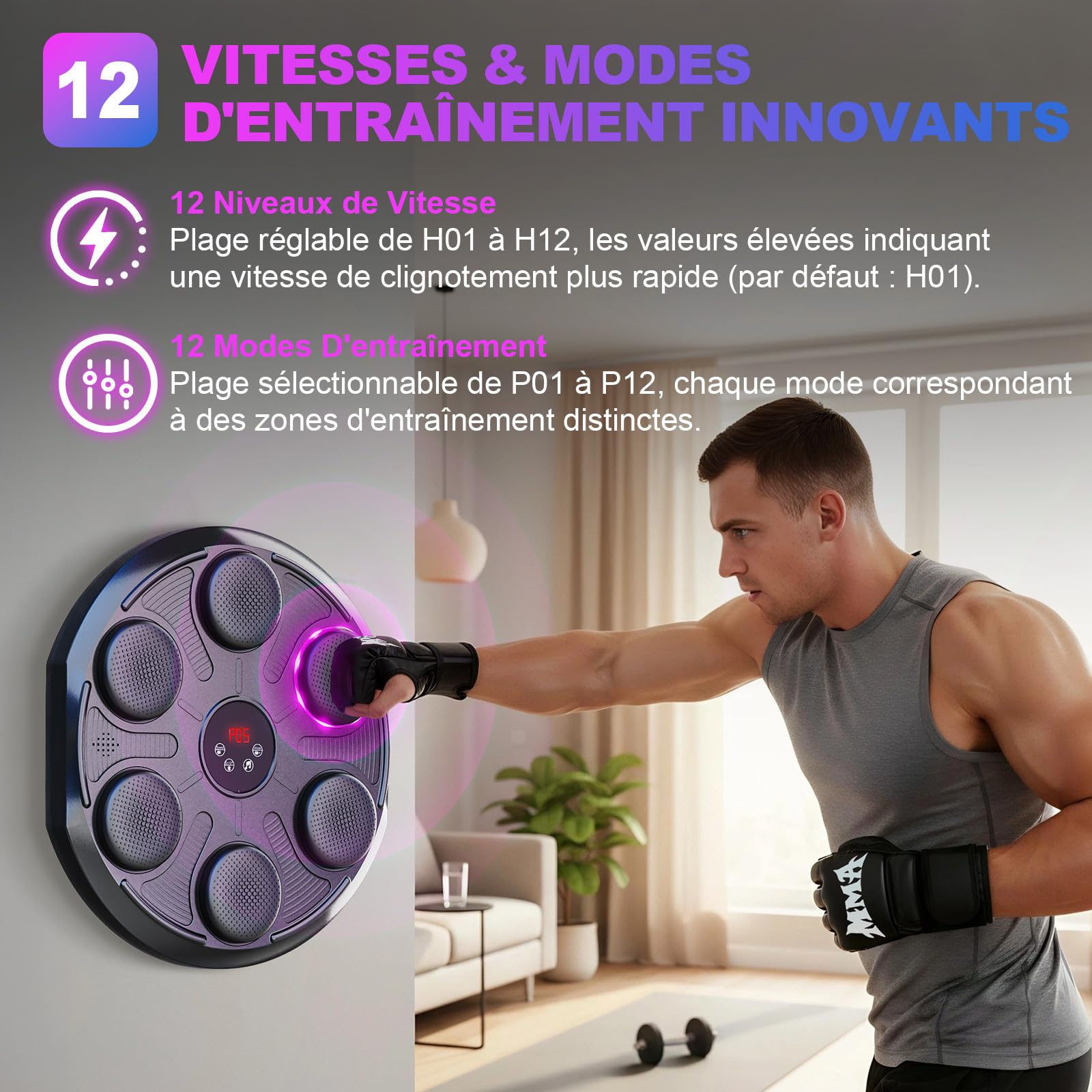 Machine de Boxe Musicale, Boxe Mural Musique avec 12 Vitesses et Modes, Comptage et Bluetooth, Affichage LED, Gants Inclus, Entraînement de Boxe Adapté aux Enfants et Adultes