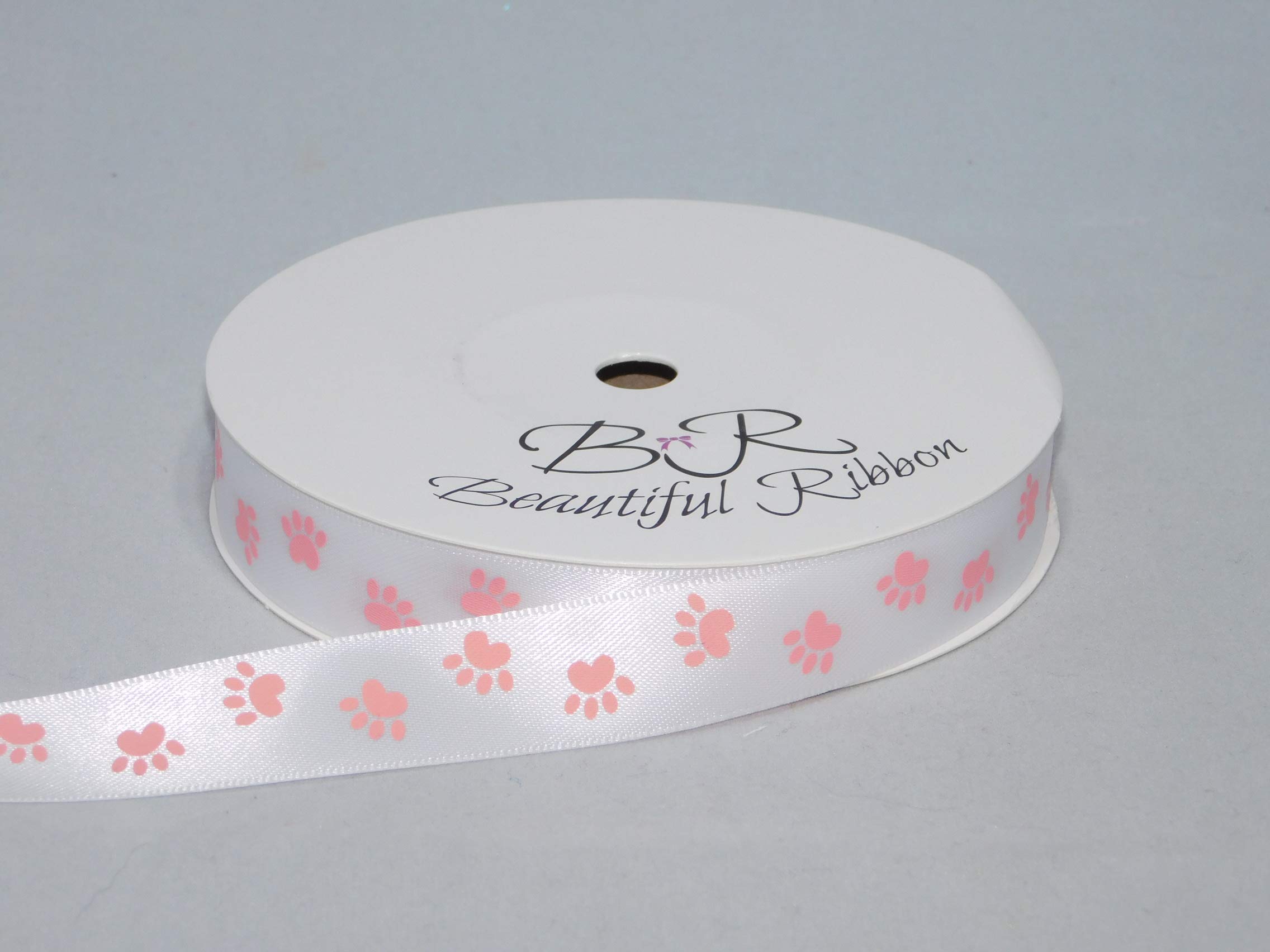 1 Full Roll Reel of 15mm White with Baby Light Pink Paw Print Satin Ribbon x 25 metres Dog Cat Pet 15 mm 5/8" 1.5cm