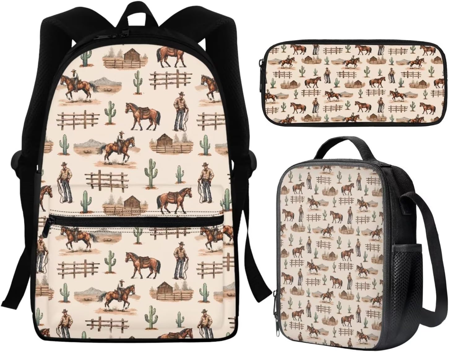 Western Cowboy Backpack Purse 3 PCS School Bookbag for Boys with Lunch Box Pemcil Case Horse Southwestern School Bag for Elementary College Students Daypack Rucksack