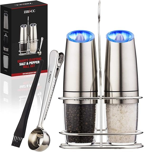 Gravity Electric Pepper and Salt Grinder Set-Adjustable Coarseness-Battery Powered with LED Light-One Hand Automatic Operation-Stainless Steel 2 Pack- Kitchen Gadgets Gifts Ideas By ZIROCC