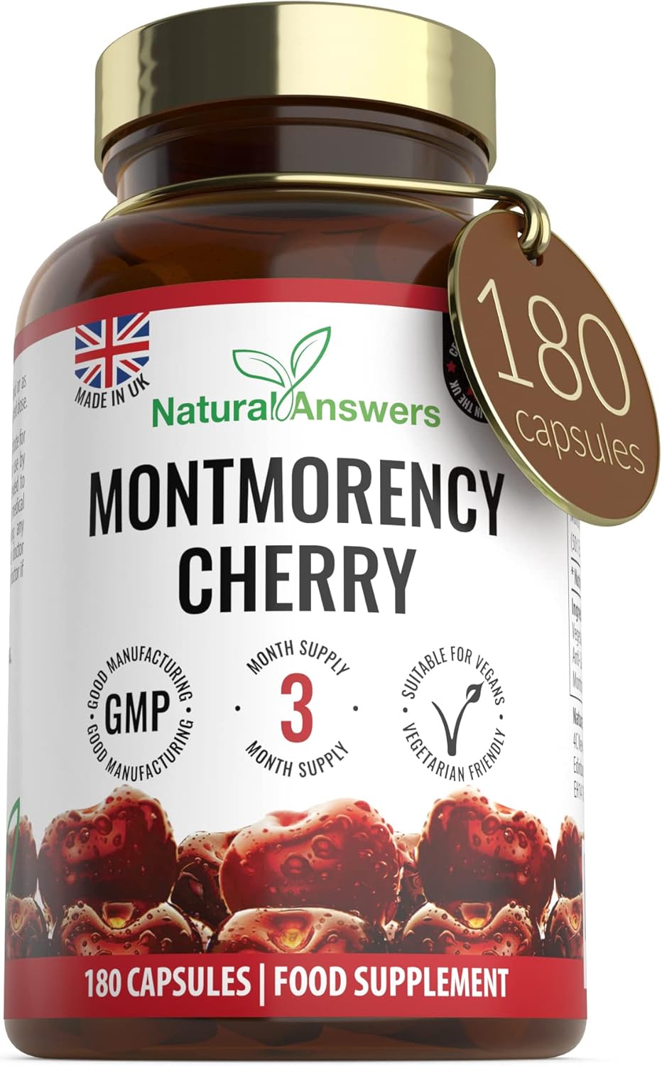180 Montmorency Cherry Vegan Friendly Capsules, High Strength 1100mg Montmorency Cherries, UK Manufactured to GMP Standards by Natural Answers