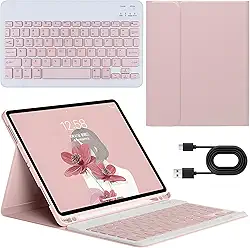 Capa com Teclado Universal para iPad 10.2' (7ª/8ª/9ª Geração), iPad Air 3 (10.5') e iPad Pro 10.5' (2017) - Teclado Bluetooth Destacável com Porta-Lápis, Capa Fólio Protetora (Cor-de-rosa)