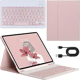 Capa com Teclado Universal para iPad 10.2” (7ª/8ª/9ª Geração), iPad Air 3 (10.5”) e iPad Pro 10.5” (2017) - Teclado Bluetooth Destacável com Porta-Lápis, Capa Fólio Protetora (Rosa)
