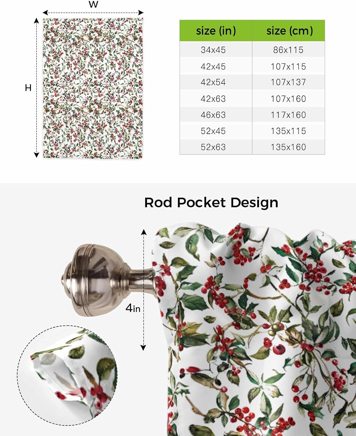 Berry Leaves Red Green Tie Up Curtain for Window Blackout Balloon Valance Curtain for Bathroom Botanical Watercolor Plants White Adjustable Window Shade for Kitchen Living Room Bedroom 52"Wx63"L
