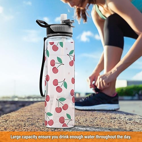 Miniatura 6 de Linda botella de agua de fruta de cereza con tapa de pajilla, 32 onzas, a prueba de fugas, botellas de agua transparentes para gimnasio, para