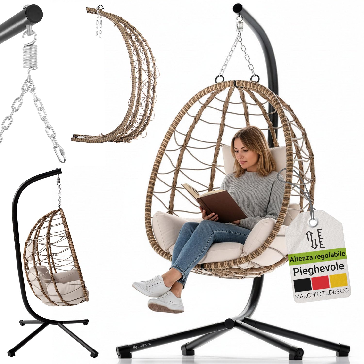 Juskys Sedia sospesa Lani con cuscini - regolabile in altezza e pieghevole - polyrattan dondolo sospeso per esterni e interni - Poltrona a uovo sospesa Beige fino a 130 kg