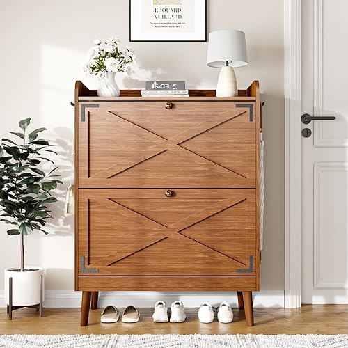 Miniatura 3 de Armario de almacenamiento de zapatos con 2 cajones abatibles, organizador de zapatos independiente con ganchos laterales, armario estrecho para