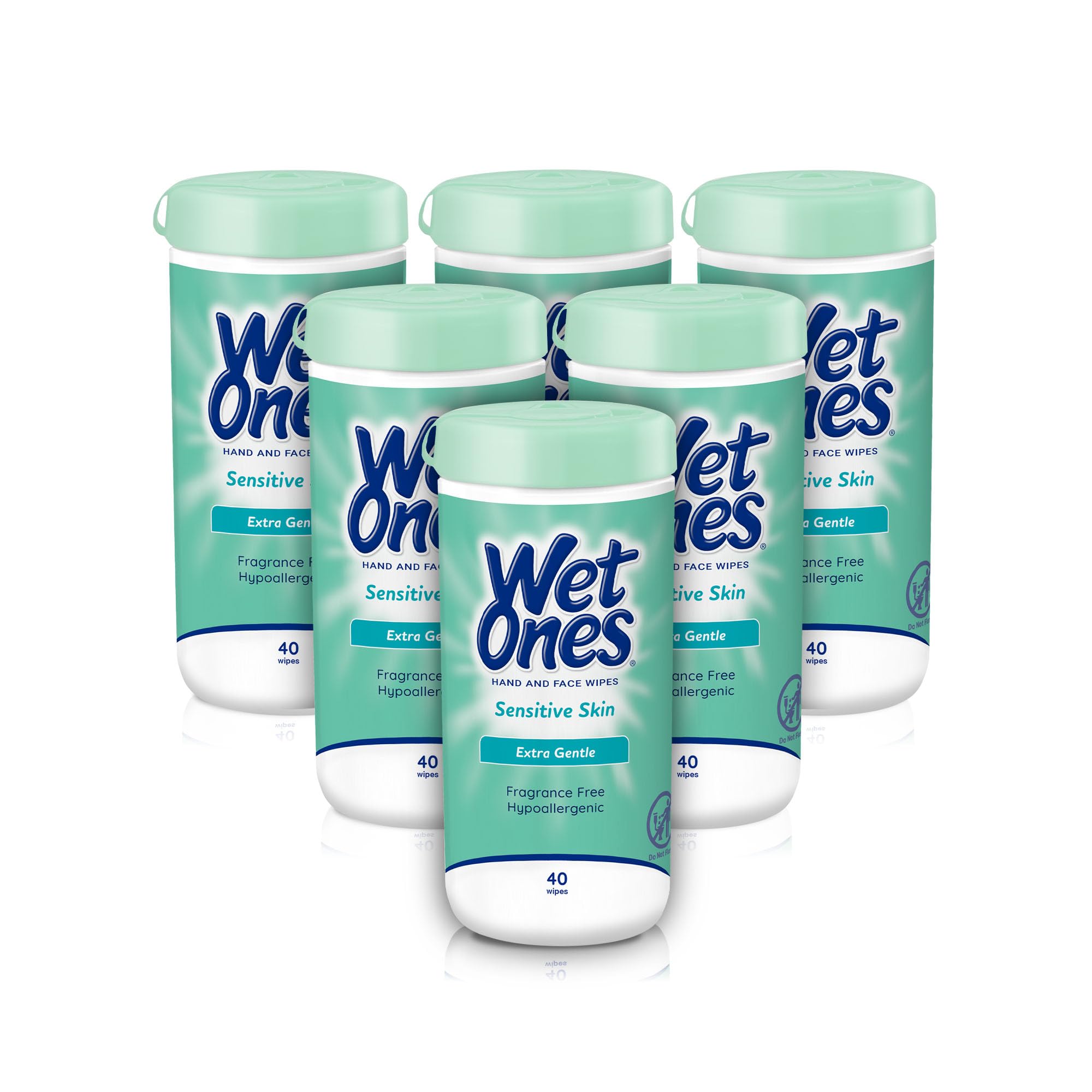 Wet Ones Hand and Face Wipes, Sensitive Skin, Unscented, Hand and Face, 40ct Canister (6 pack)