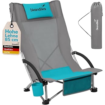 Skandika Beach Camping Chair Comfortable Beach Chair with Breathable Mesh Drink Holder Low Easy to Carry Max. 136 kg Foldable Folding Chair Deck Chair Grey/Blue