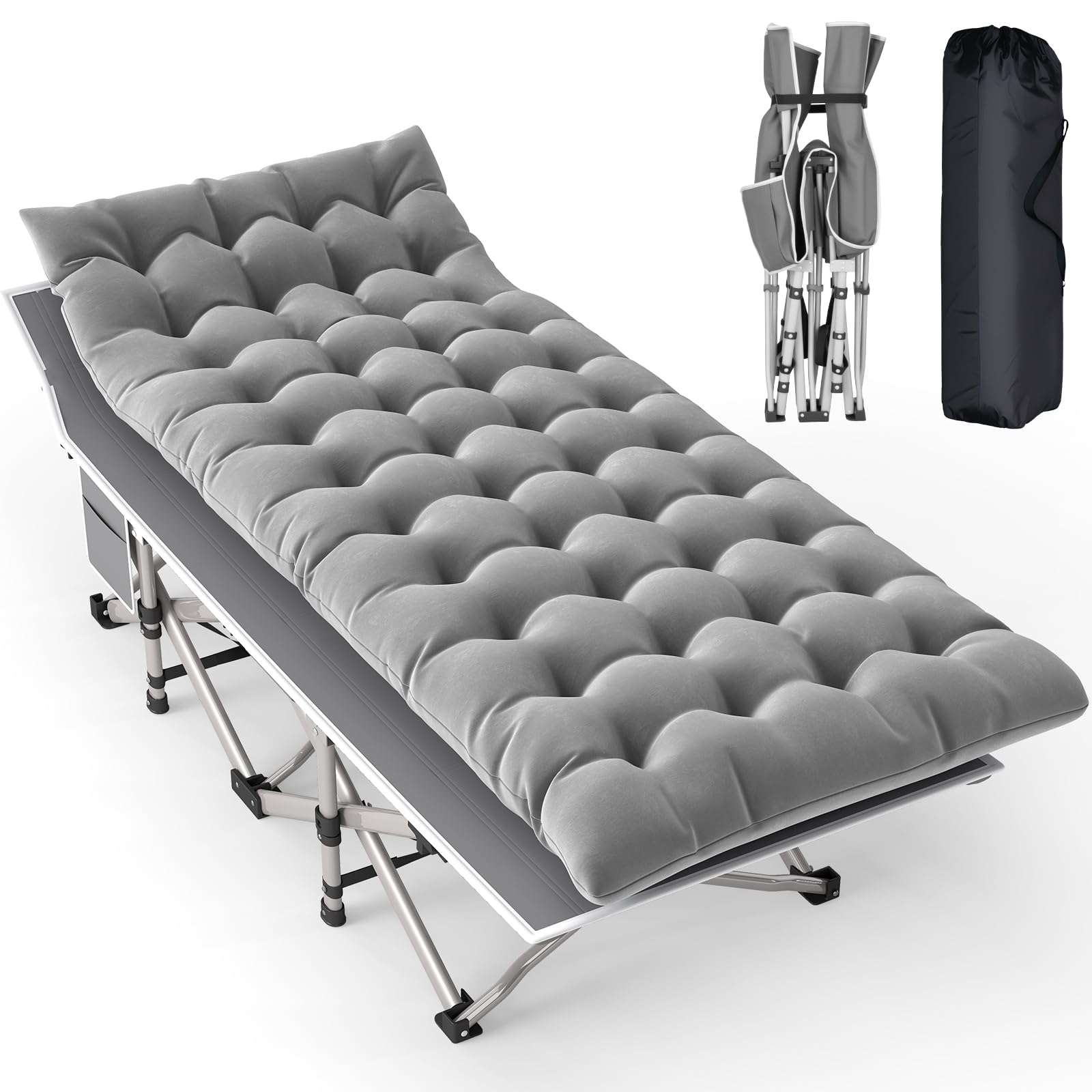 XL Lit de Camping Pliable Robuste pour Adultes, Charge Jusqu'à 208 kg, Lit Pliant 1 Personne pour Camping/Bureau/Voyage/extérieur Inclut Sacoche Matelas, Gris
